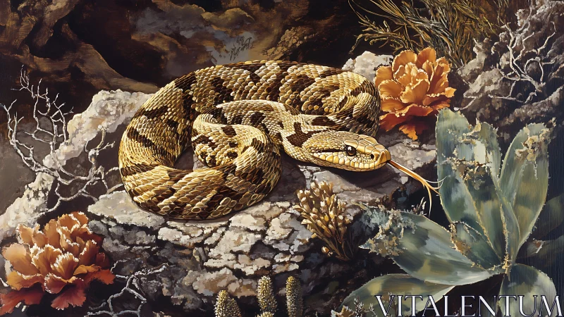 Coiled rattlesnake on arid rock with hyper-detailed scalation.
