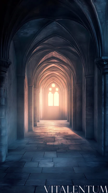 Soft sunrise glow filling a quiet stone cathedral hall.