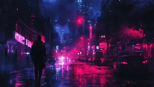 Neon-soaked cyberpunk street under rain-soaked midnight sky