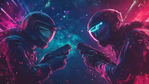 Two armored sci fi soldiers aiming pistols in neon standoff.