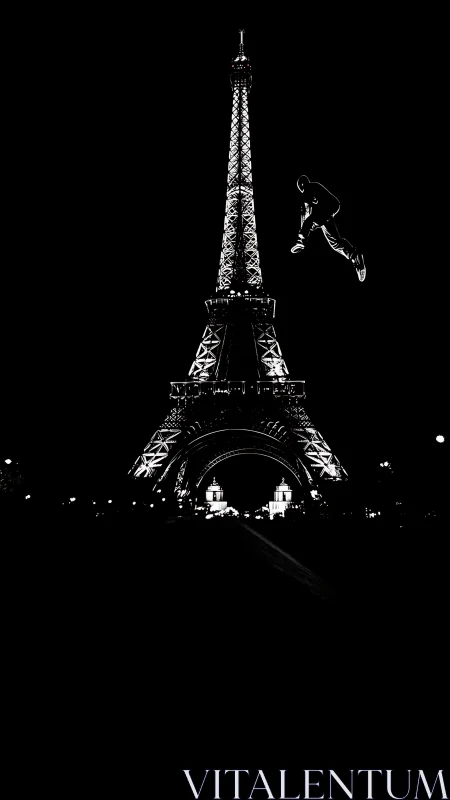 Silhouetted Eiffel Tower at night with floating figure.