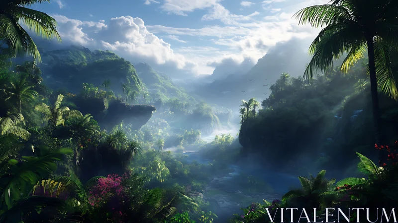 Volumetric sunrise over hyper-lush tropical canyon river basin.