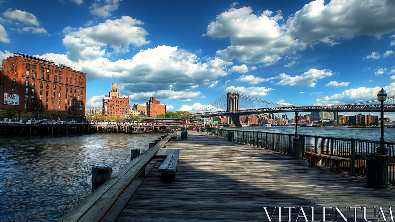 Photorealistic riverside boardwalk with bridge perspective study.