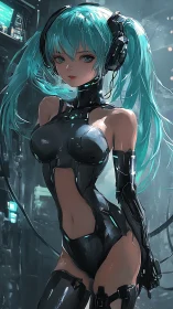 Cyan haired cyborg sexy girl in sleek black latex bodysuit.