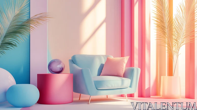 Pastel lounge interior with armchair, plants and soft light.