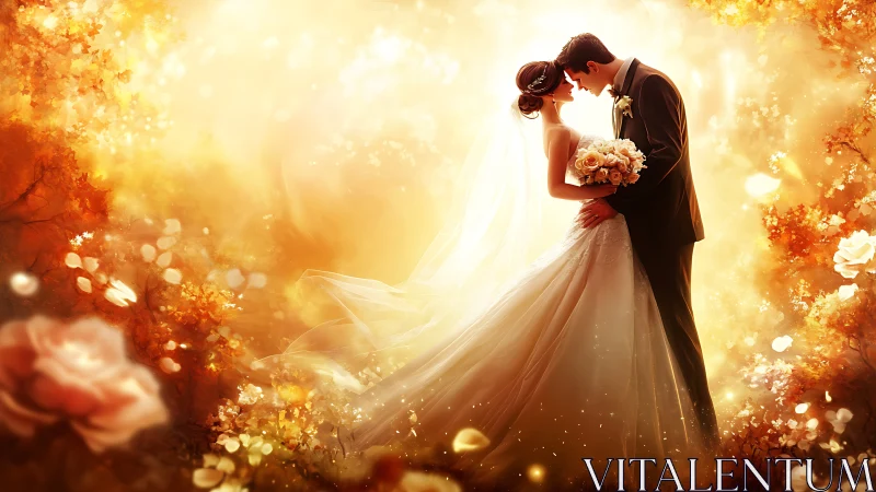 Romantic wedding couple kissing in glowing floral garden.