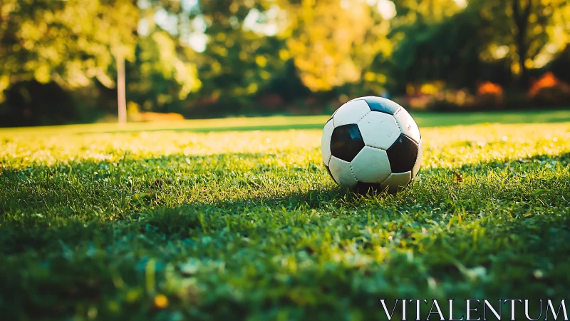 Soccer ball rests on sunlit grass in a peaceful park field