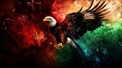 Majestic Bald Eagle in Flight with Vivid Abstract Colors.