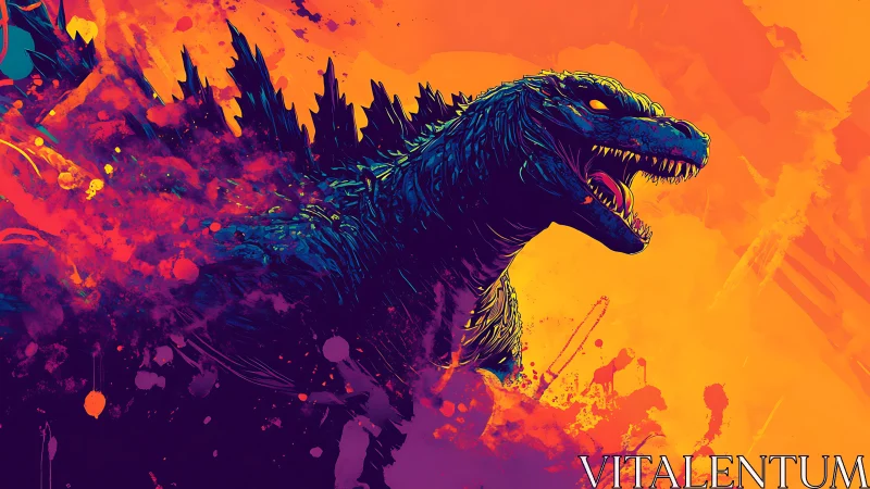 Neon kaiju profile rendered in high-contrast splatter palette