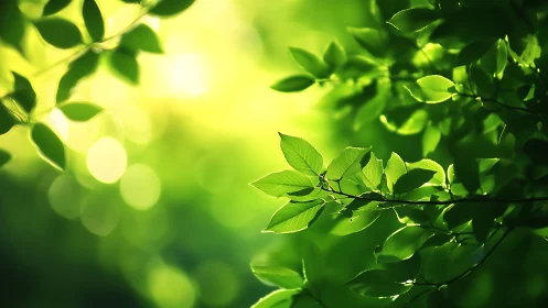 Sunlit Green Leaves with Soft Bokeh Background in Nature.