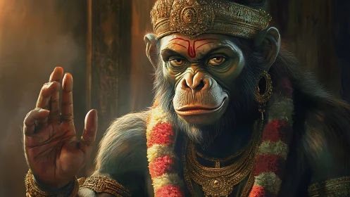 Simian deity figure with garland and raised hand gesture.