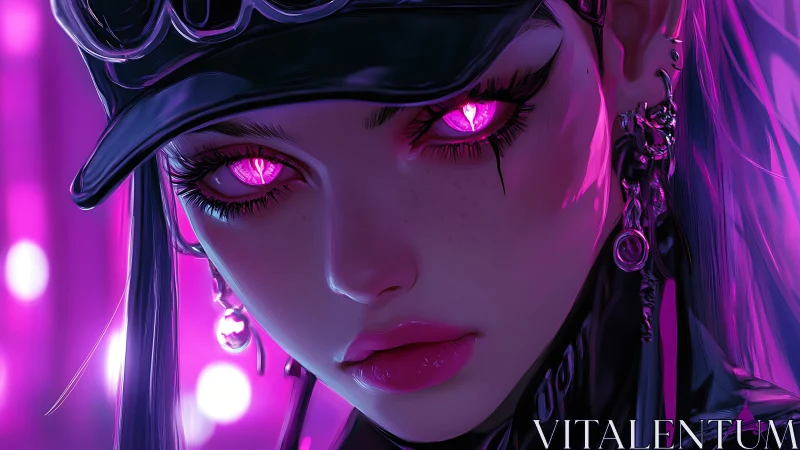 Electric-eyed cyberpunk girl glowing in neon magenta light.