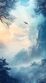 Gentle dawn sky over misty cliffs and a drifting seabird.