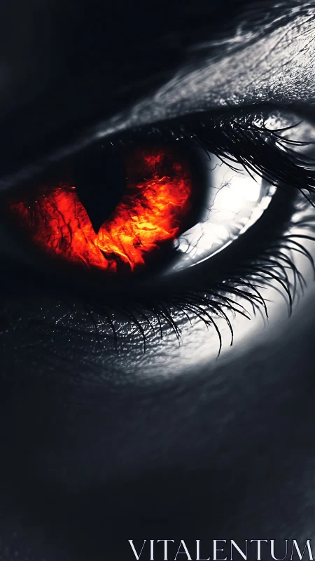 Infernal gaze ignites within a shadow-drenched human eye.