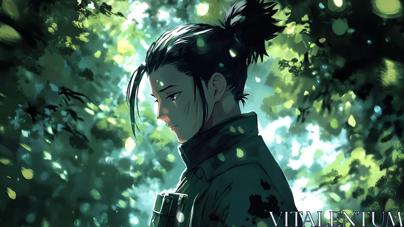 Thoughtful anime figure standing in dappled forest light.