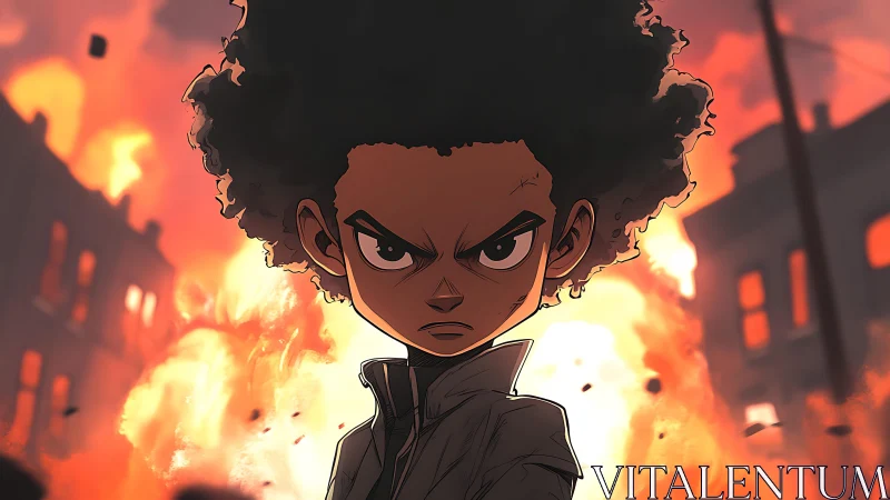 Defiant youth stands before burning city street inferno