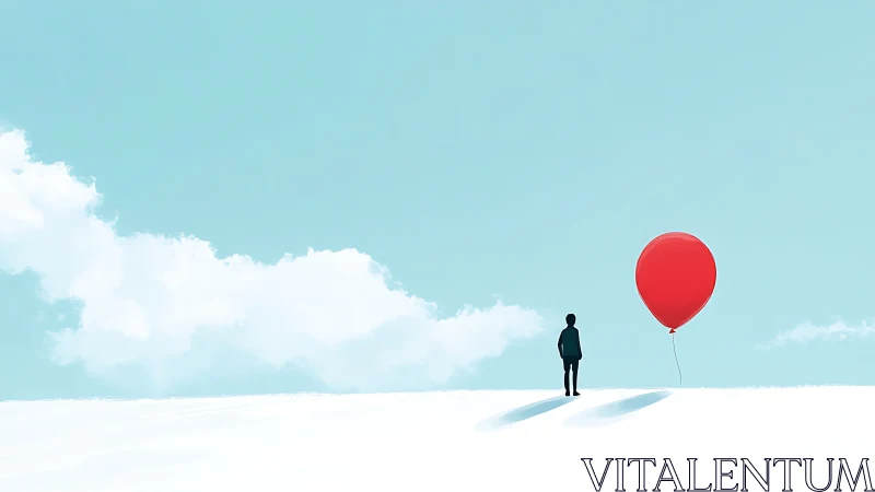 Quiet moment with a bright red balloon under open sky.