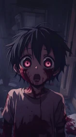 Bloodstained anime child stares ahead in eerie shock.