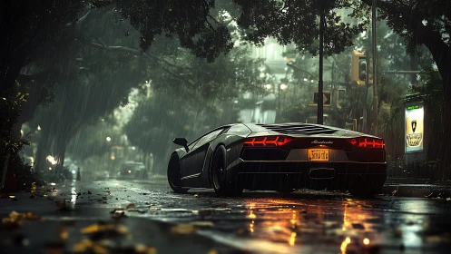 Supercar sits on wet city street under heavy rainfall