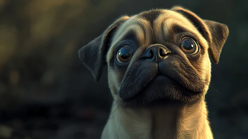 Digital close-up render of a wide-eyed pug dog portrait.