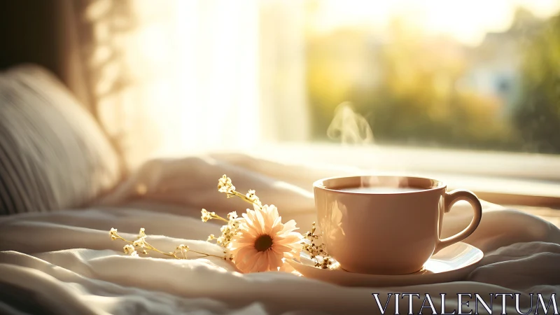 Steaming coffee cup on bed in warm morning window light.