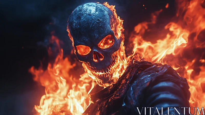 Flaming skull warrior emerges from darkness in searing fire