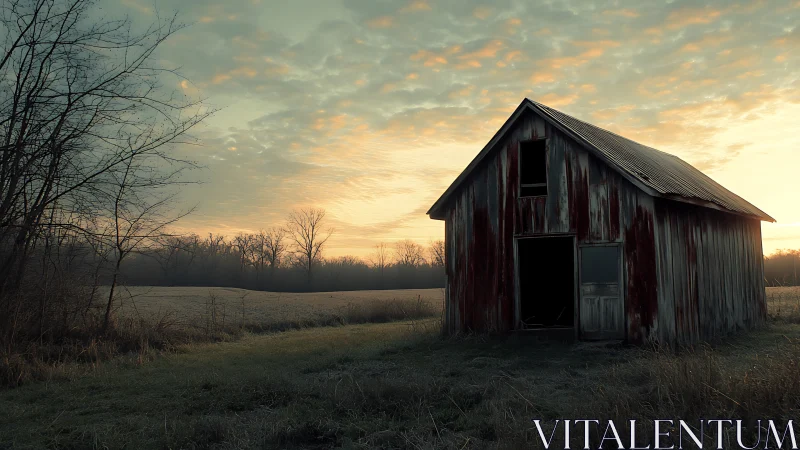Weathered timber barn under stratified dawn sky illumination.
