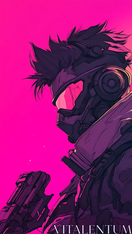 Armored cyberpunk operative stands against neon magenta void
