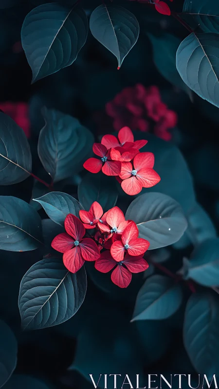 Red Ixora Flowers with Teal Foliage: Deep Saturation Study