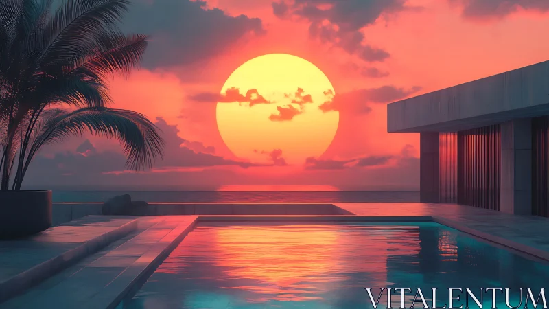 Sunset-illuminated minimalist villa pool with reflective ocean horizon