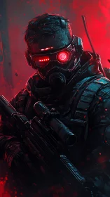 Cybernetic night-ops sniper with thermal visor and carbine rifle.