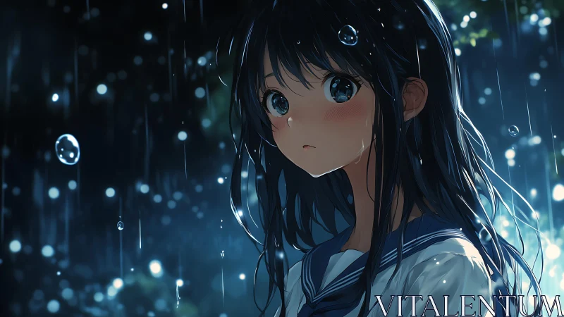 Rain-soaked anime girl rendered with cinematic backlighting depth