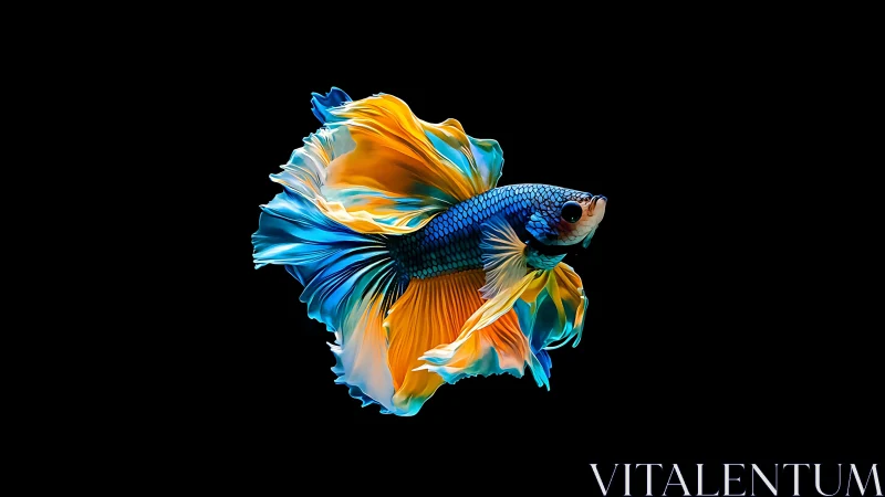 Neon betta ballerina twirls in midnight aquarium void.