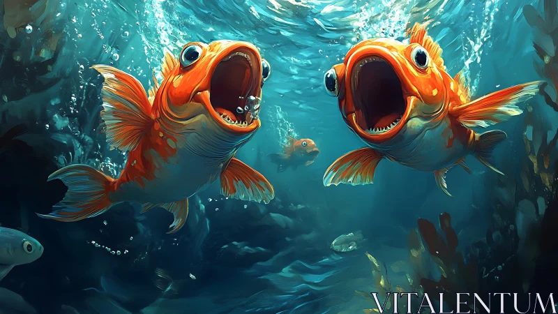 Hyper-saturated cartoon goldfish rendered in dynamic underwater scene
