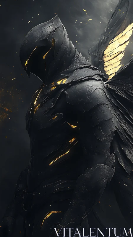 Armored dark angel warrior in fractured obsidian exosuit.