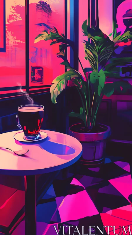 Neon caf&eacute; interior renders steaming coffee in bold chroma