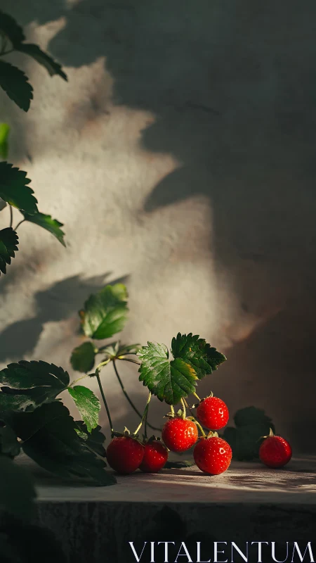 Sunlit wild strawberries rest softly in dramatic shadows.