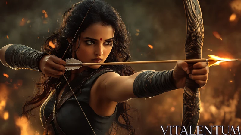 Warrior archer with flaming arrow in cinematic golden bokeh.