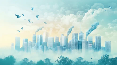 Ethereal city skyline with doves and rising smoke plumes.
