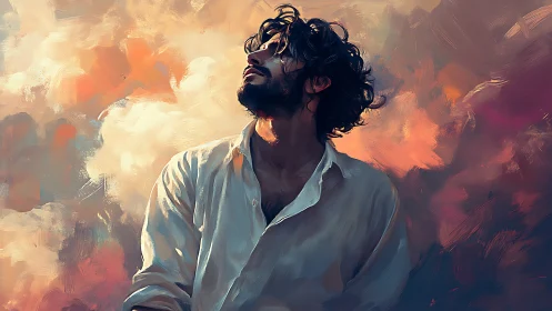 Figure in white shirt is rendered against diffuse cloud background