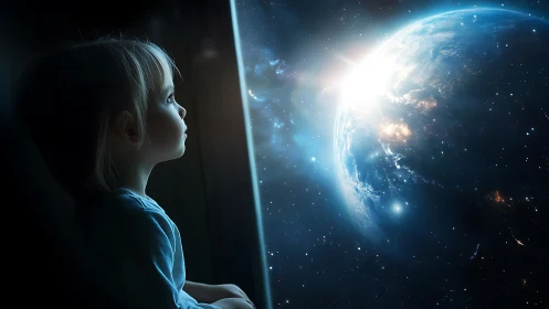 Child profile is positioned beside a luminous rendered planet
