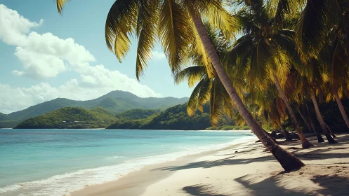 Tropical Paradise Beach With Palm Trees and Mountains.