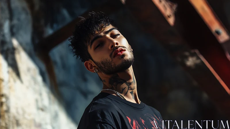 Man with neck tattoos poses in harsh directional sunlight