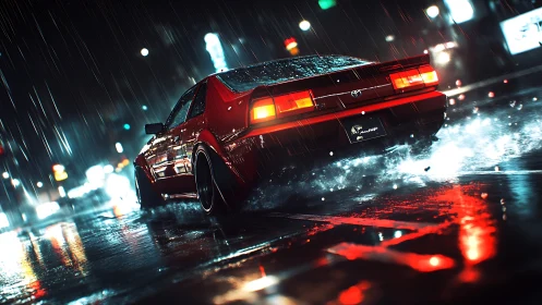 Red Toyota sports car on wet neon city street at night.