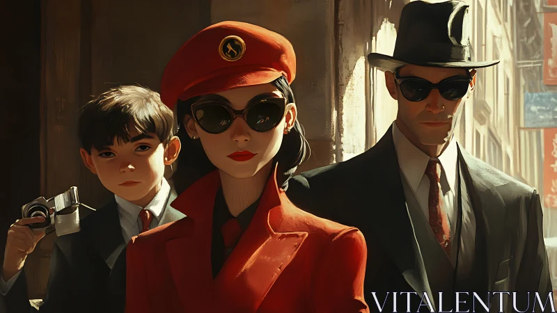 Stylized noir trio in city street with bold red coat.