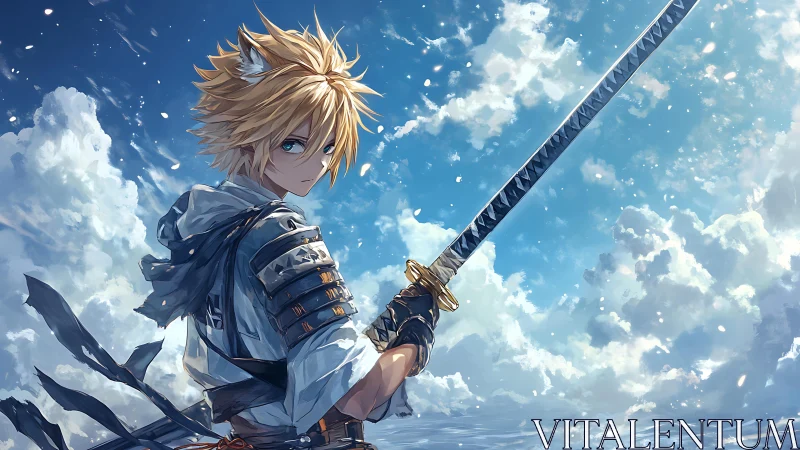 Skybound fox-eared swordsman ready for a hopeful journey.