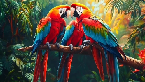 Vibrant Scarlet Macaws Perched in Lush Tropical Jungle Artwork.