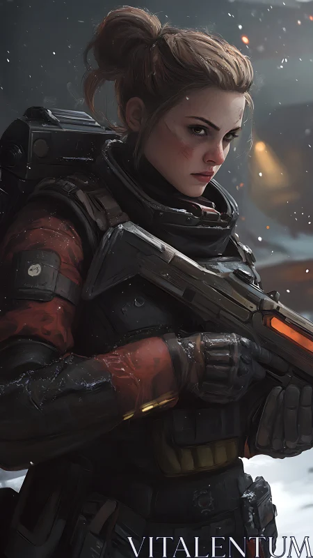 Armored sci fi soldier with rifle in snowy battlefield.