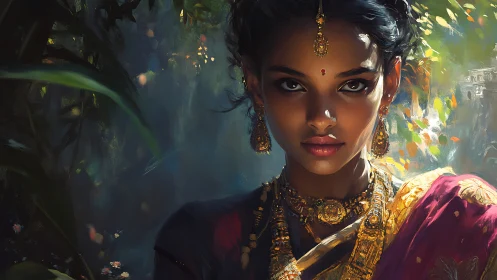 Portrait of a jeweled woman in saturated jungle backlighting