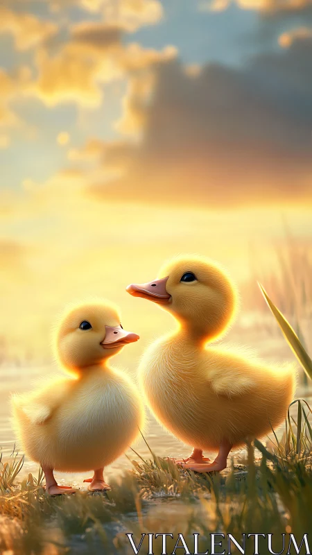 Golden sunset illuminates two playful ducklings by water